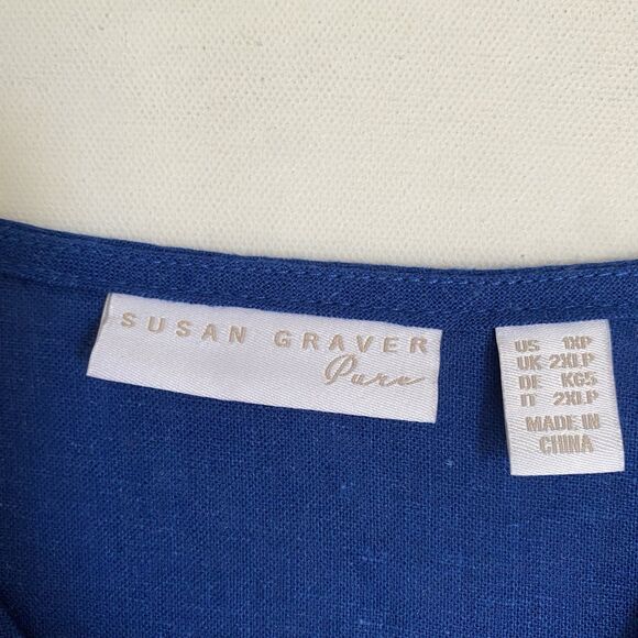 Susan Graver Pure Linen Top Tunic 1XP Blue Round Neck Roll Tab Sleeve Relaxed - Picture 5 of 8